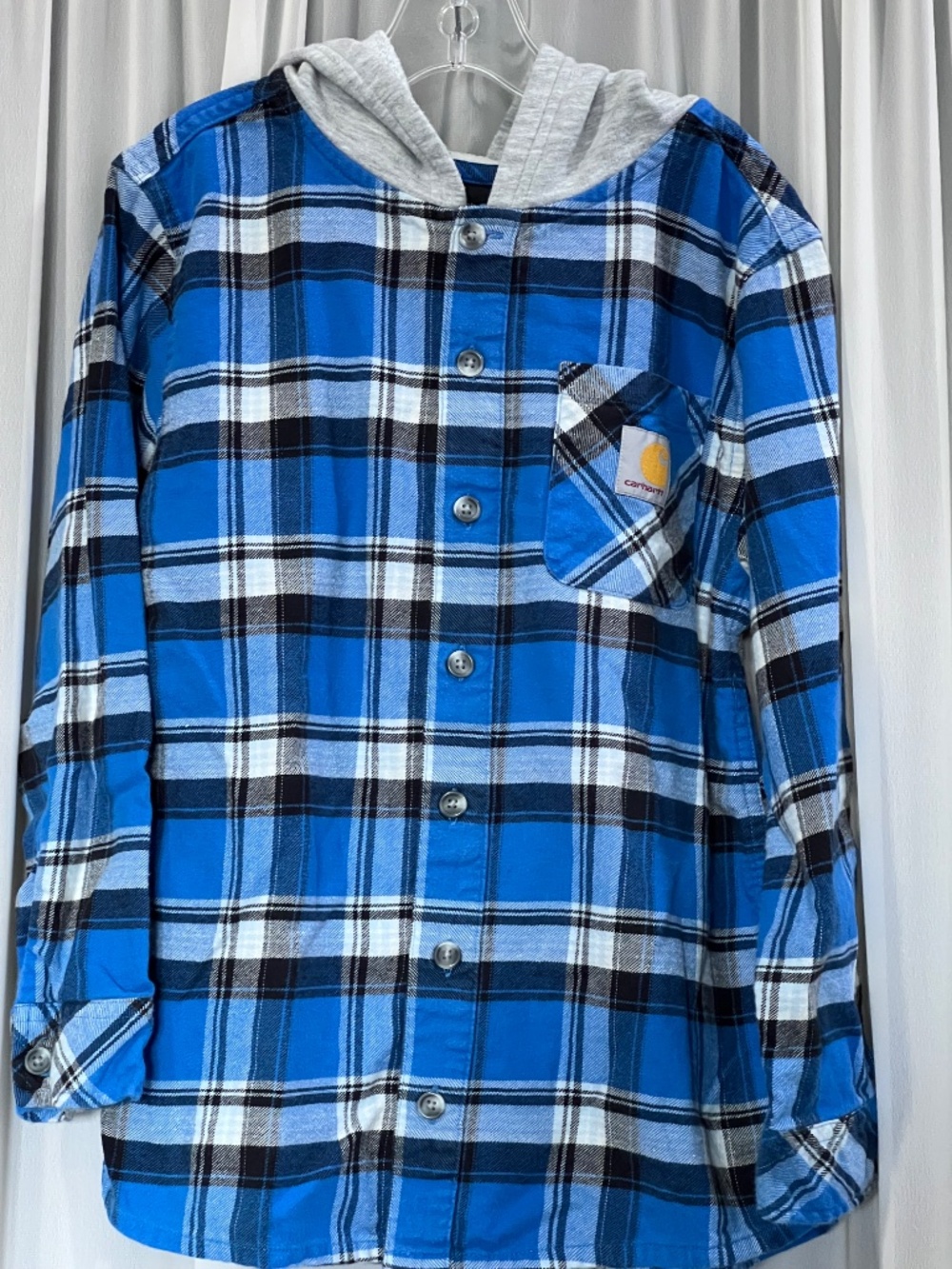 Carhartt Flannel Long Sleeve Hooded Shirt Small 8-10 Boys Girls Blue Plaid Fall
